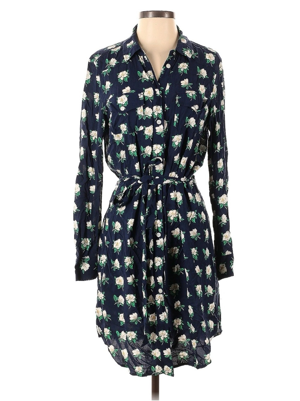 DRAPER JAMES Navy Magnolia Floral Button-Up Shirt Dress with Tie Waist 8